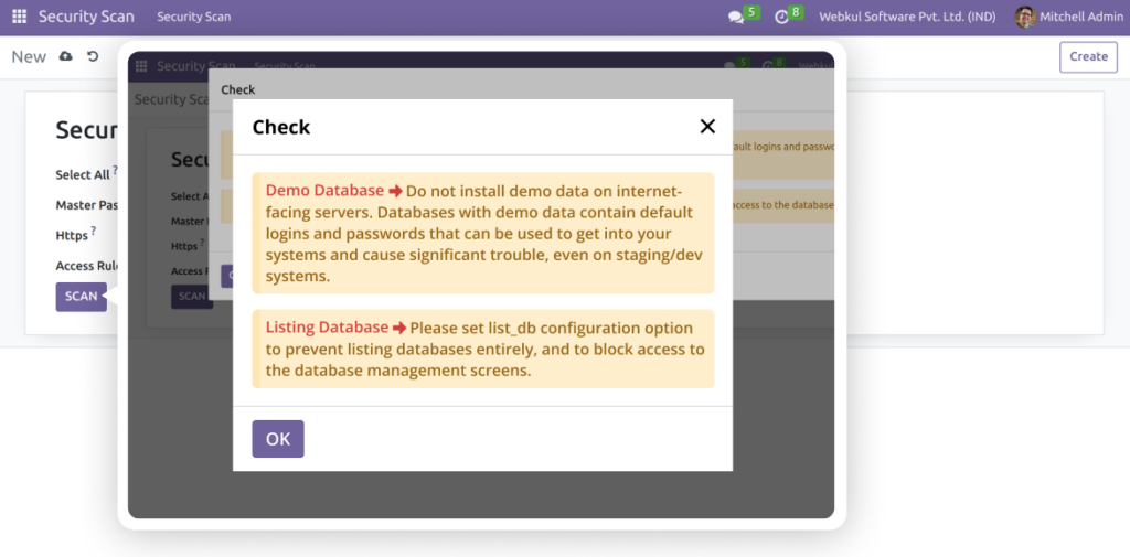 Odoo security scan screenshot
