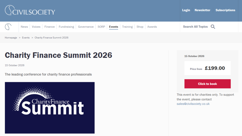 Landing page screenshots for the Charity Finance Summit