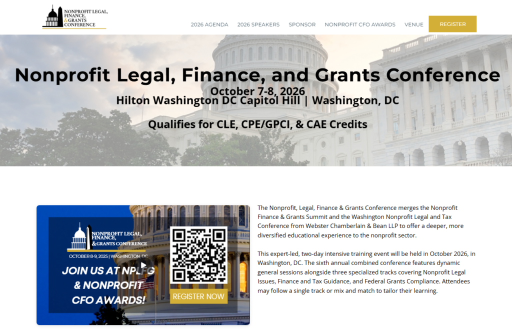 Landing page for the Nonprofit Legal, Finance, and Grants Conference 2026