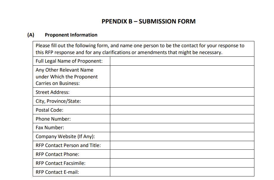 Vendor submission form from City of Saint John's RFP