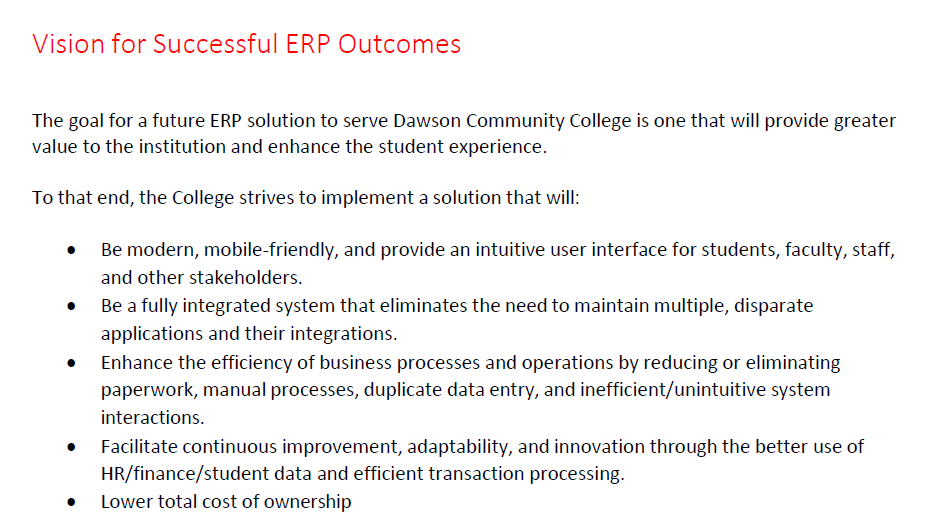 Expected ERP outcomes from Dawson’s College RFP.