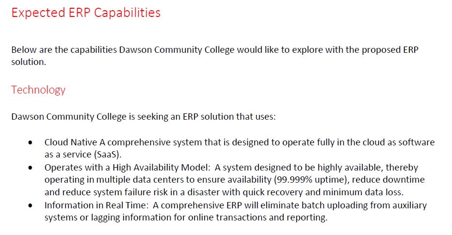 List of ERP requirements from Dawson’s College RFP.