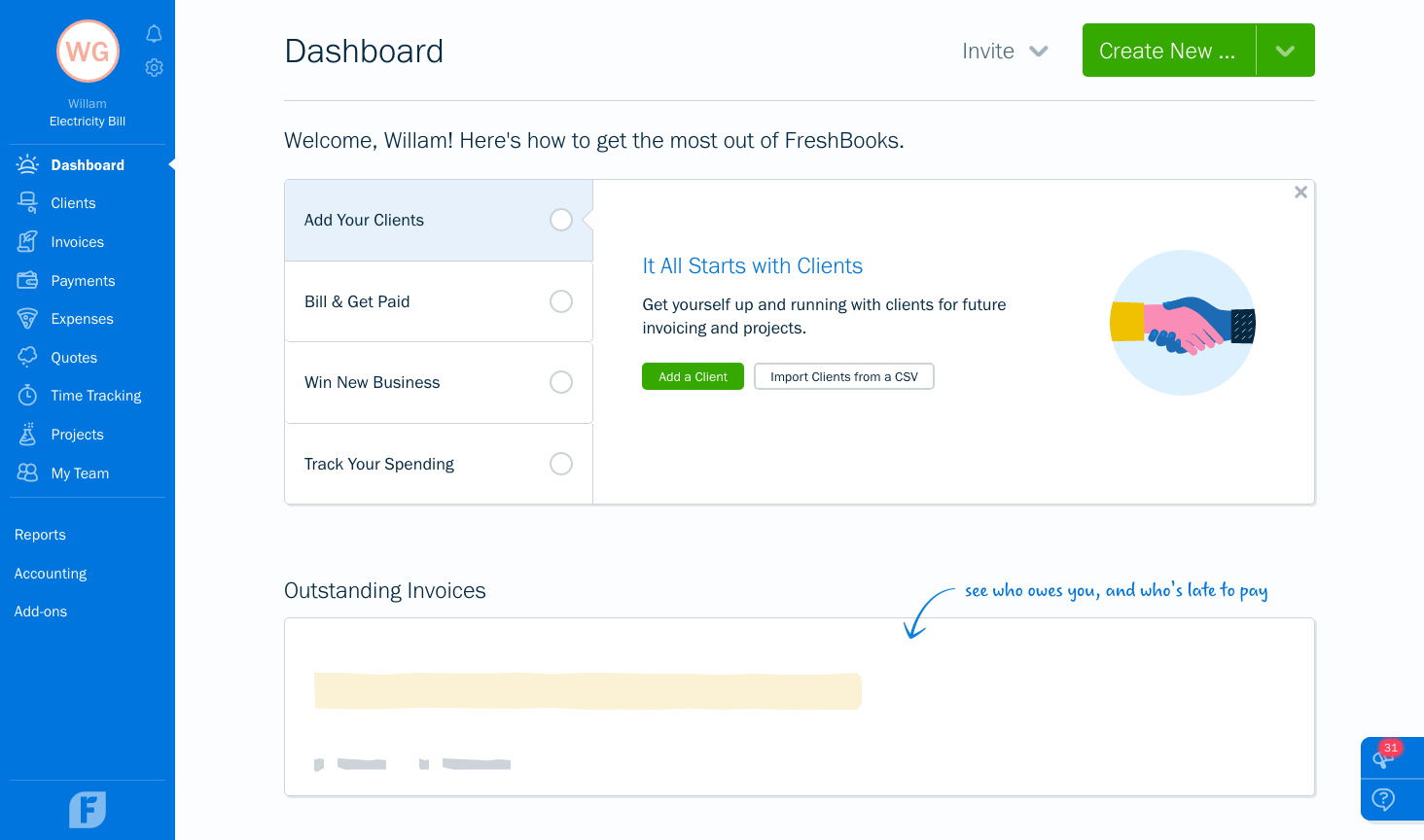FreshBooks data access and reporting screenshot