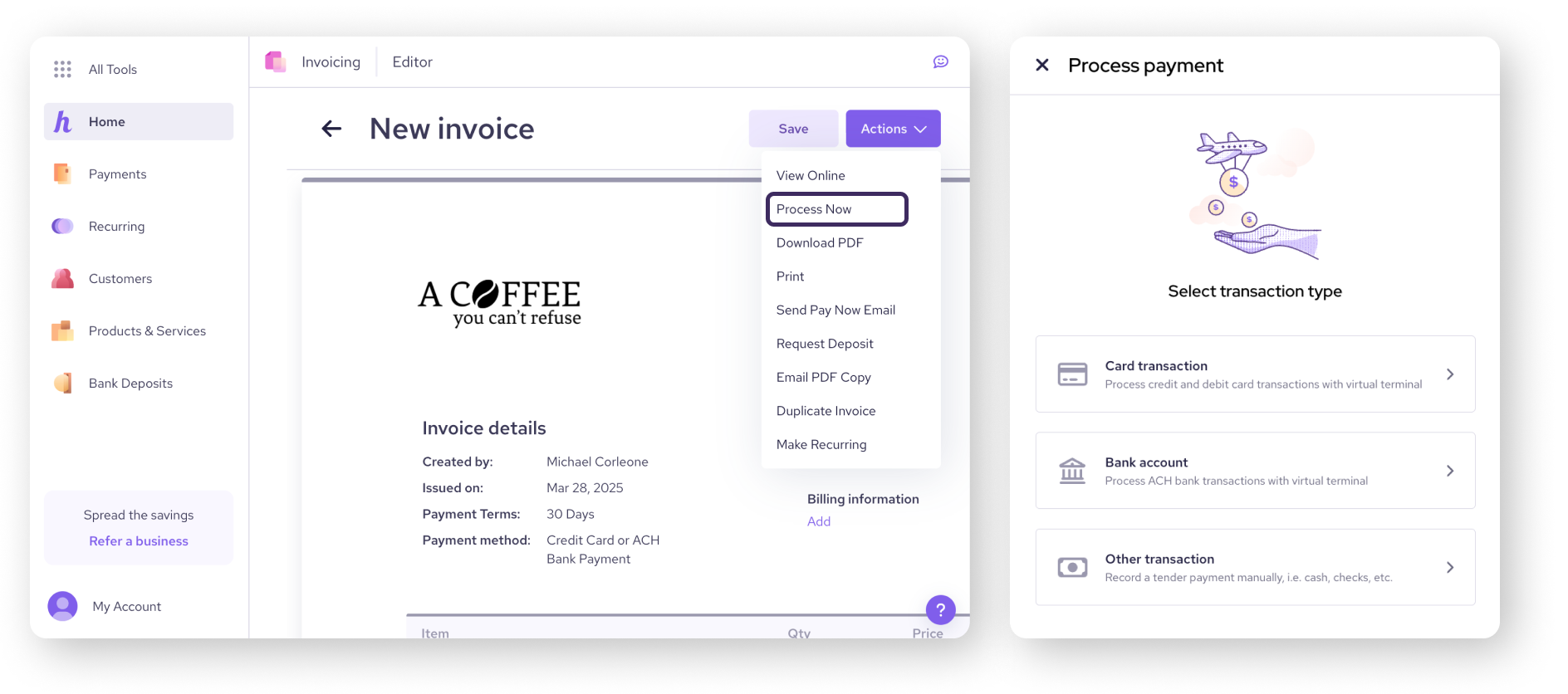 Helcim automation features screenshot
