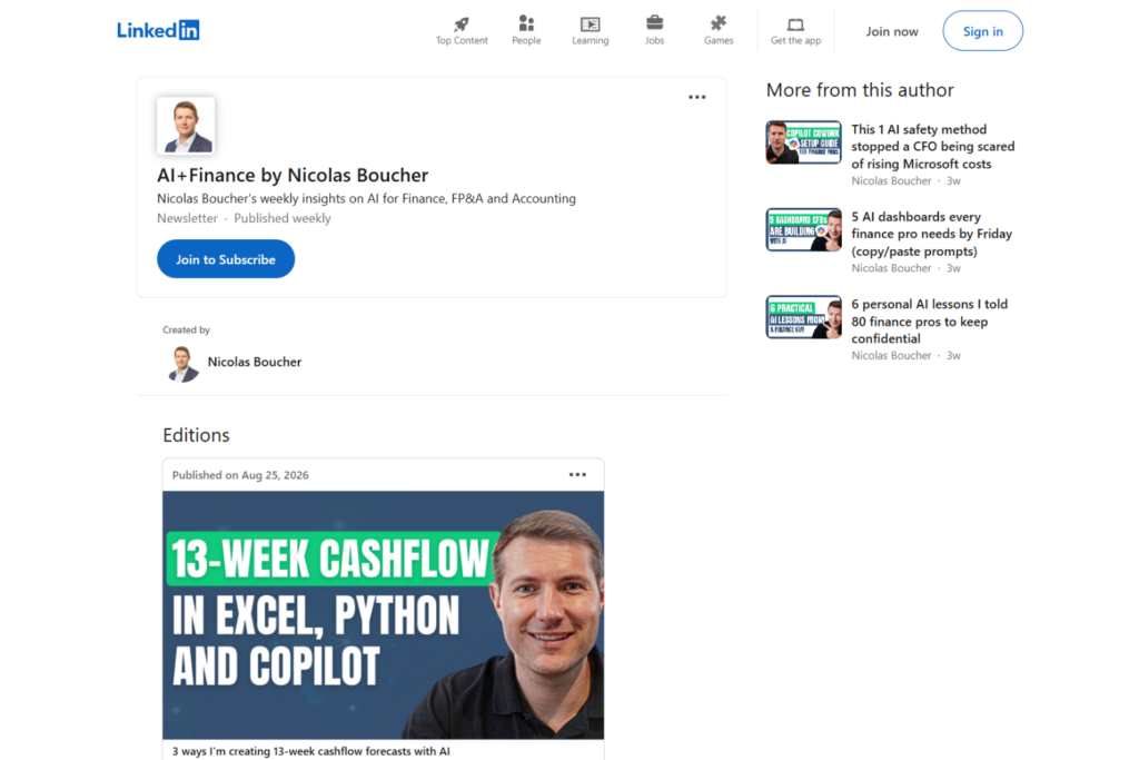 AI+Finance newsletter page featuring AI methods for cash flow forecasting