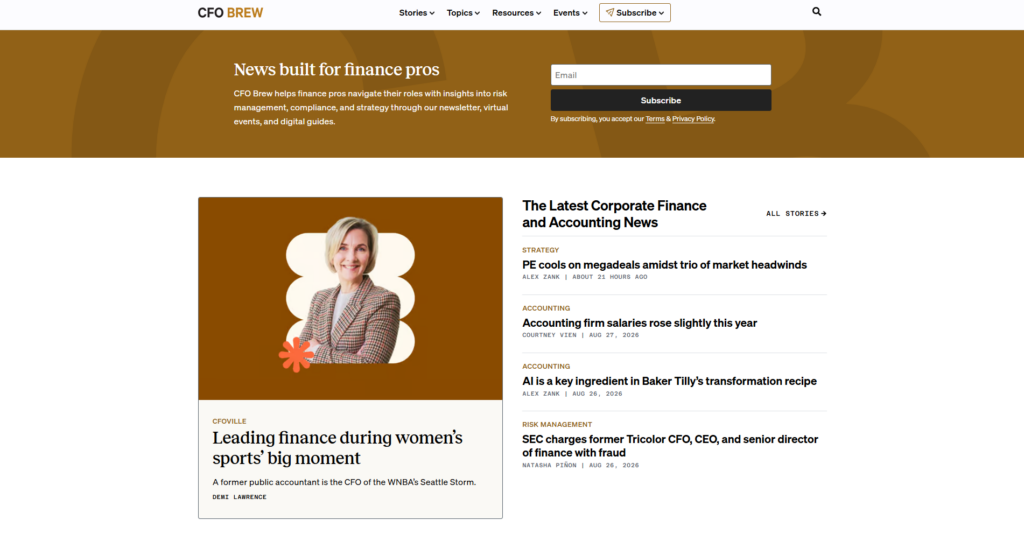 CFO Brew homepage featuring corporate finance and accounting stories