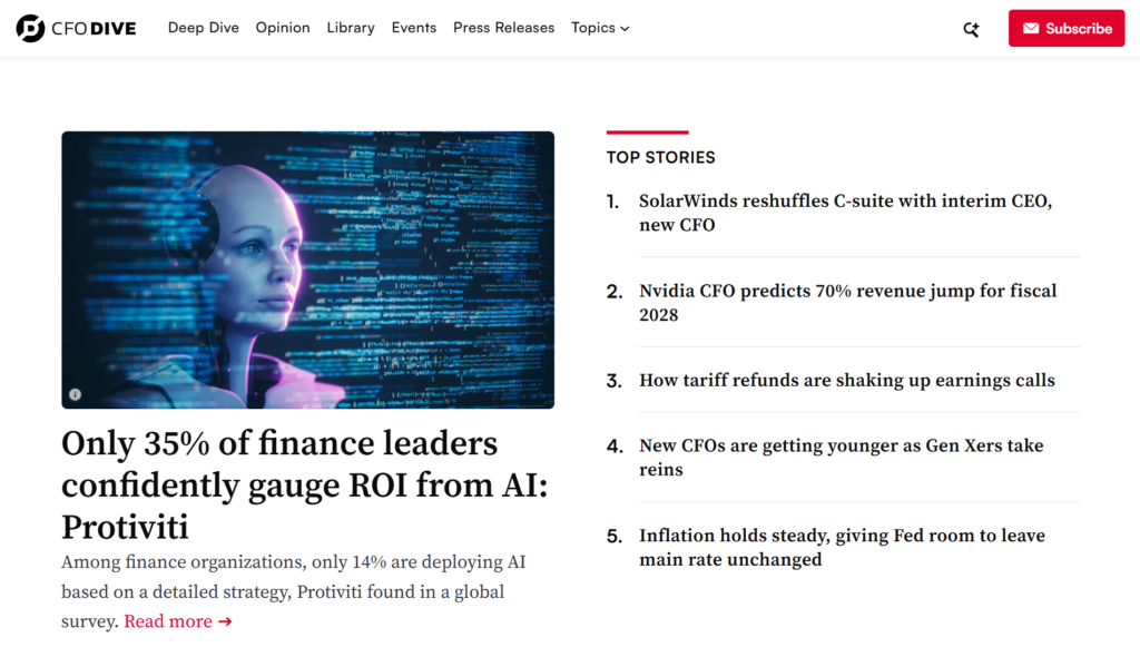 CFO Dive homepage showing AI finance coverage and top CFO stories