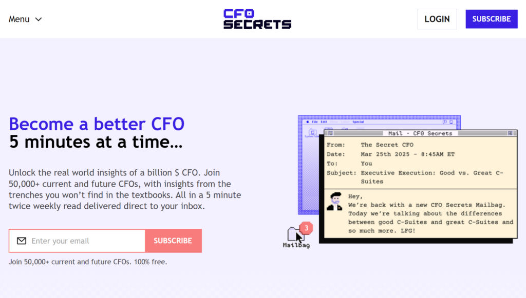 CFO Secrets subscription page promoting practical lessons for current and future CFOs
