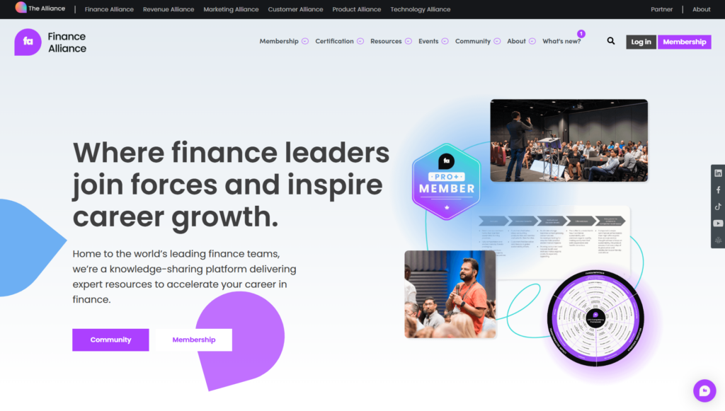Finance Alliance homepage highlighting its finance leadership community and member resources