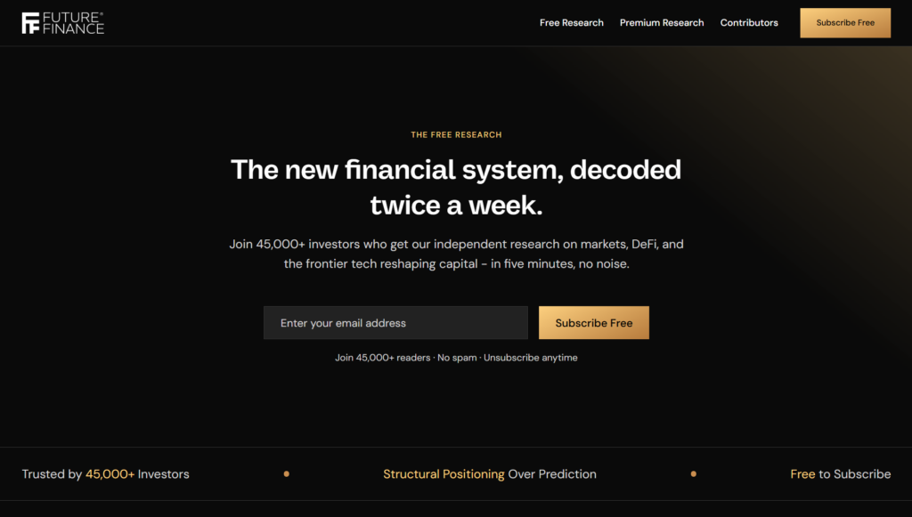 Future Finance subscription page highlighting research on markets, DeFi, and frontier tech