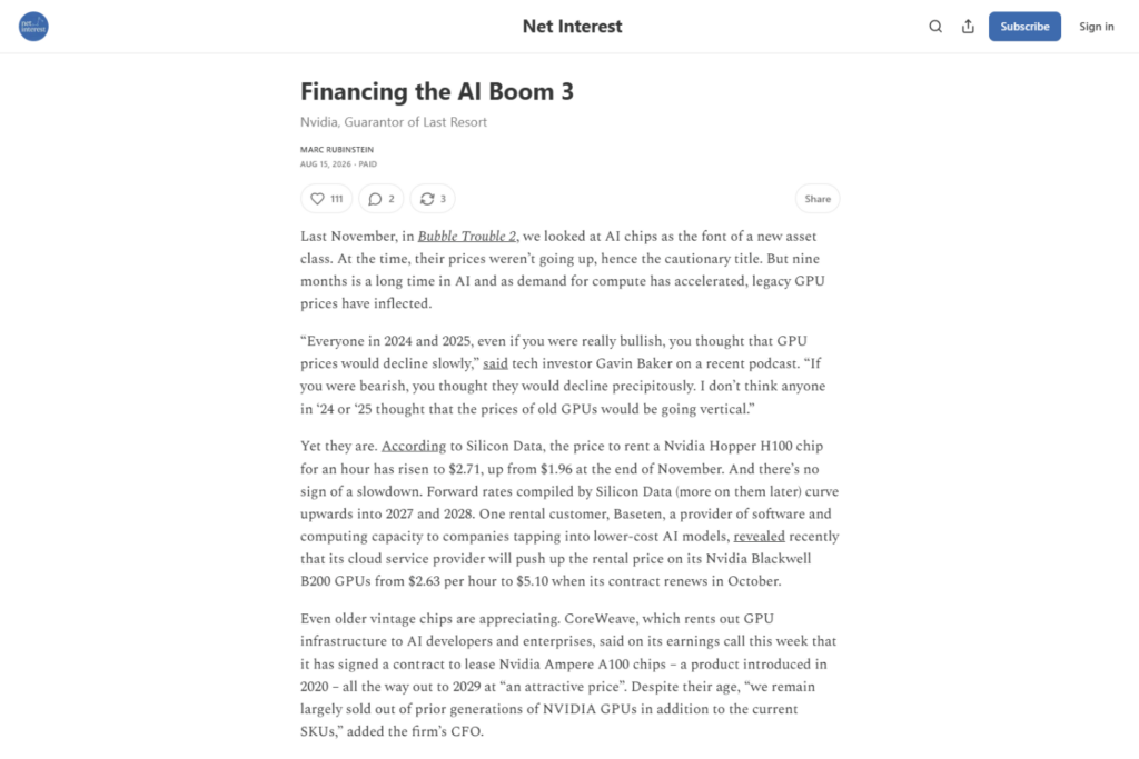 Net Interest article analyzing Nvidia GPU pricing and AI financing