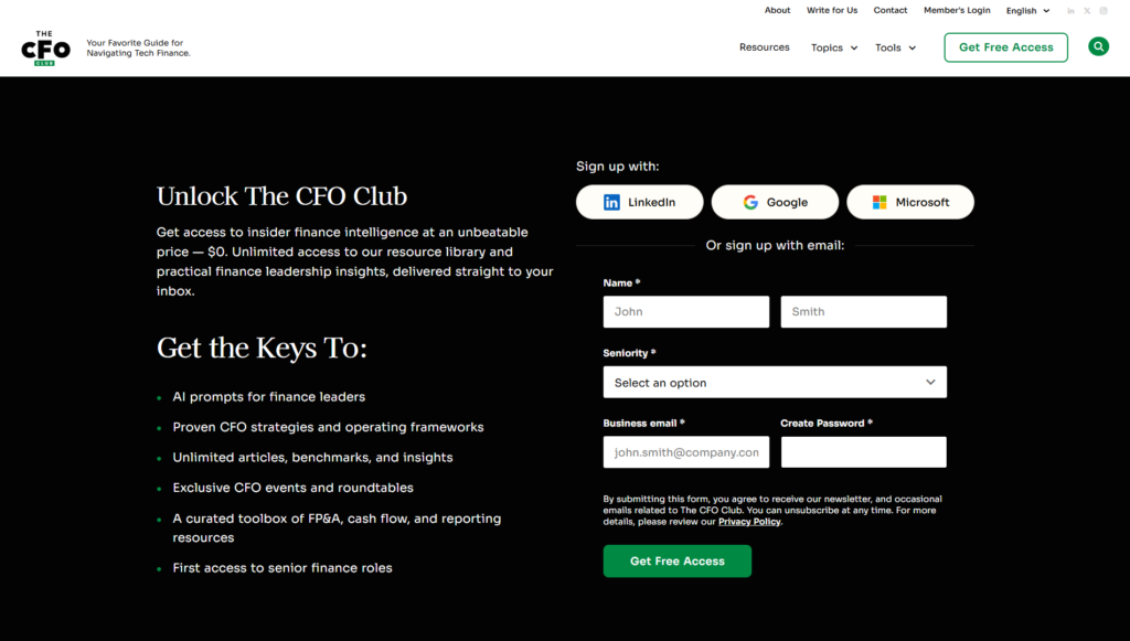 The CFO Club sign-up page highlighting finance resources and leadership guidance